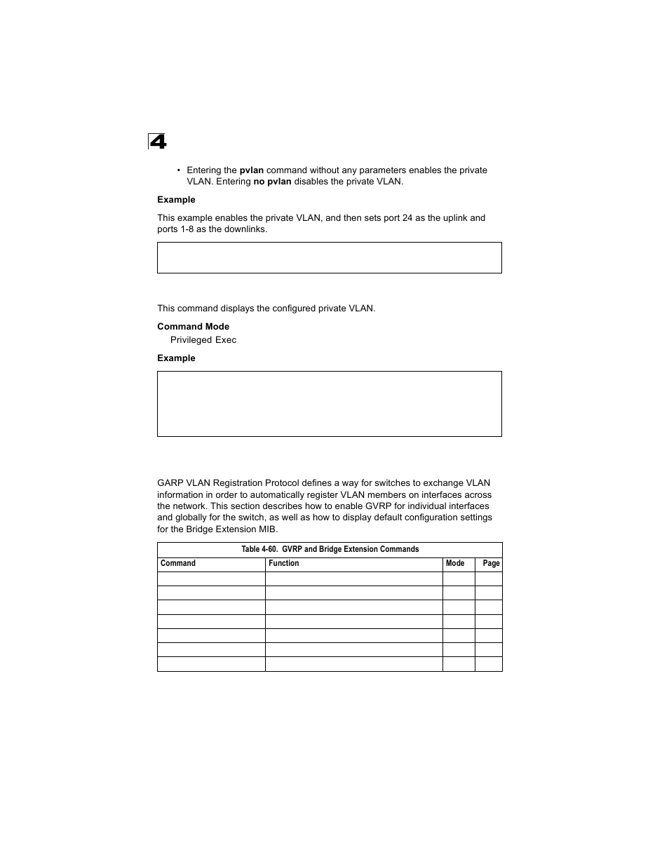 Show pvlan, Gvrp and bridge extension commands, Table 4-60 | Alcatel Carrier Internetworking Solutions OmniStack 6300-24 User Manual | Page 404 / 462