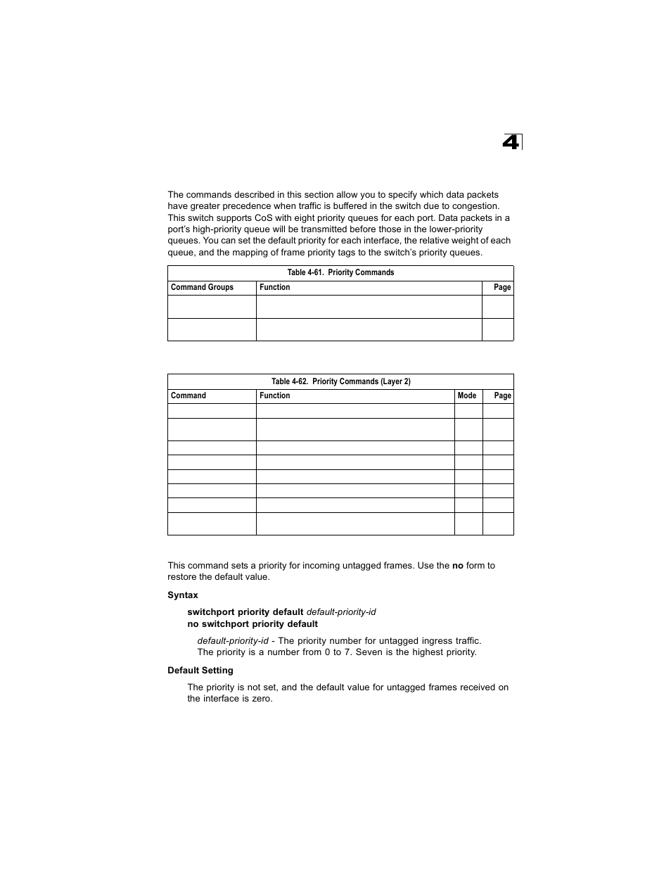 Priority commands, Priority commands (layer 2), Switchport priority default | Table 4-61, Table 4-62, E 4-197) | Alcatel Carrier Internetworking Solutions OmniStack 6300-24 User Manual | Page 409 / 462