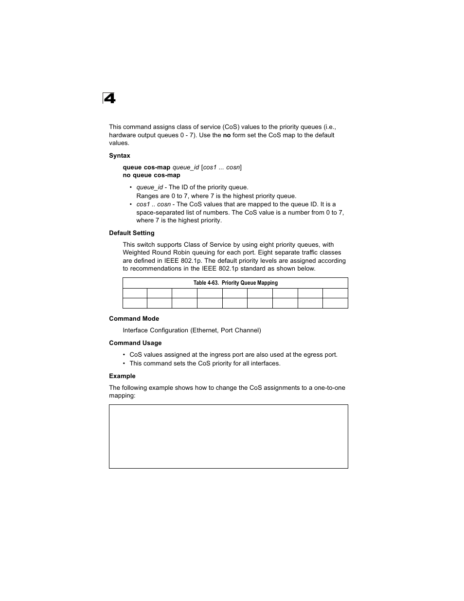 Queue cos-map, Table 4-63, Priority queue mapping | Queue cos-map (4-200) | Alcatel Carrier Internetworking Solutions OmniStack 6300-24 User Manual | Page 412 / 462