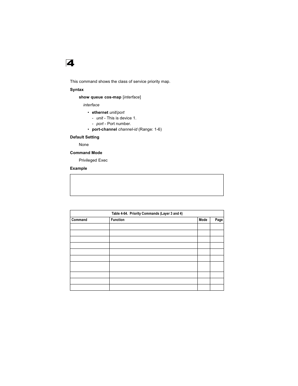 Show queue cos-map, Priority commands (layer 3 and 4), Table 4-64 | Alcatel Carrier Internetworking Solutions OmniStack 6300-24 User Manual | Page 414 / 462