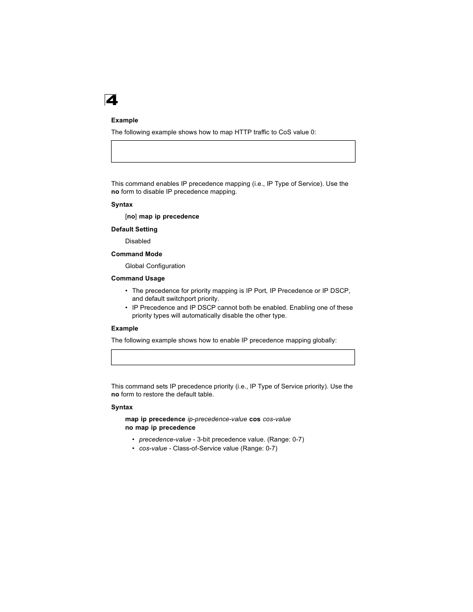 Map ip precedence (global configuration), Map ip precedence (interface configuration) | Alcatel Carrier Internetworking Solutions OmniStack 6300-24 User Manual | Page 416 / 462