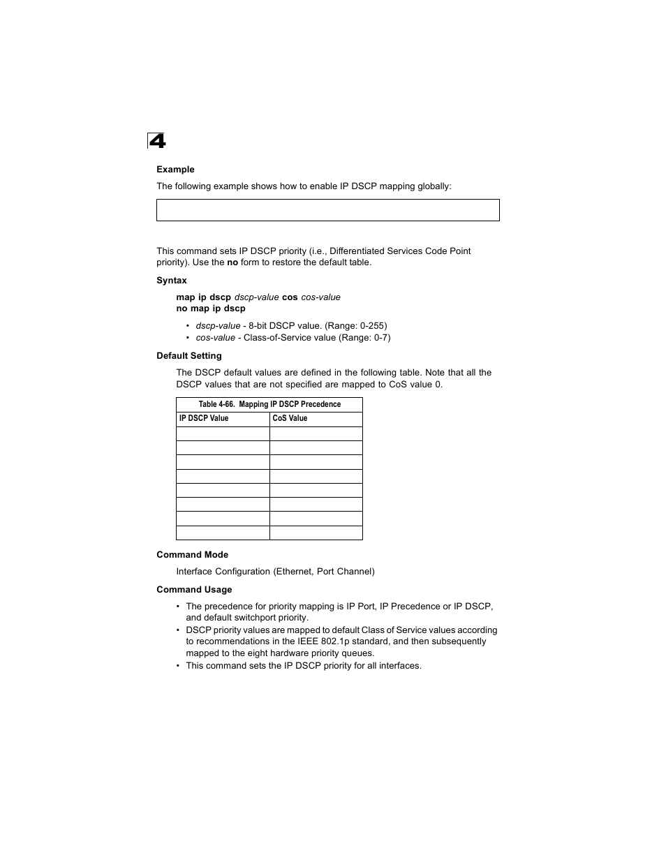 Map ip dscp (interface configuration), Table 4-66, Mapping ip dscp precedence | Alcatel Carrier Internetworking Solutions OmniStack 6300-24 User Manual | Page 418 / 462