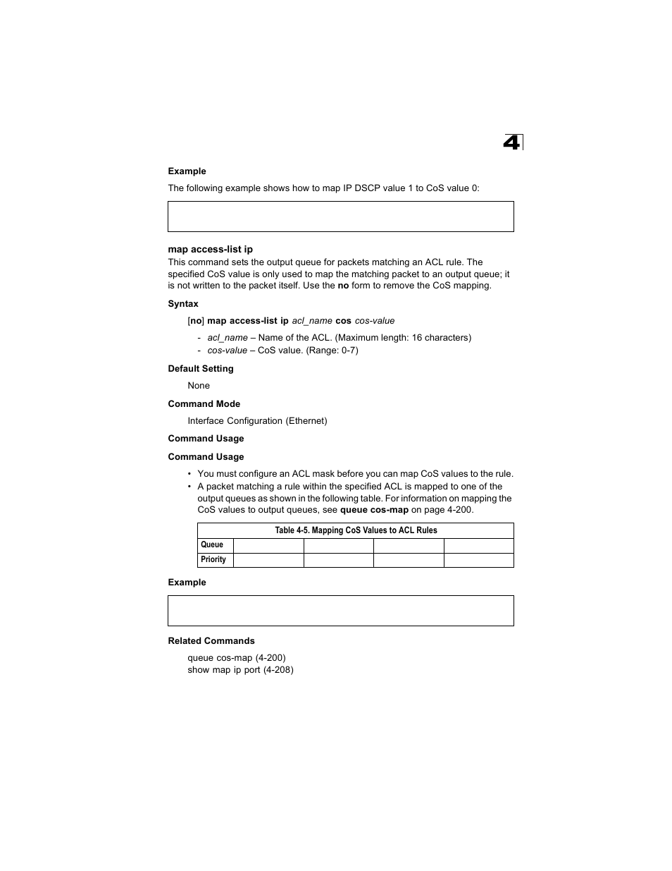 Map access-list ip, Table 4-5, Mapping cos values to acl rules | Alcatel Carrier Internetworking Solutions OmniStack 6300-24 User Manual | Page 419 / 462