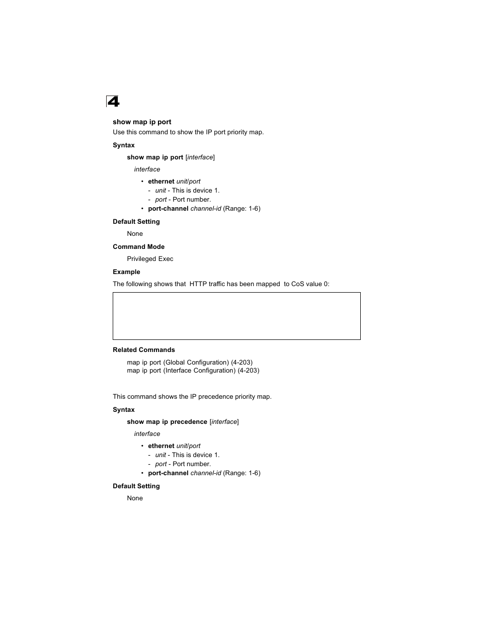Show map ip port, Show map ip precedence, Show map ip port (4-208) | Alcatel Carrier Internetworking Solutions OmniStack 6300-24 User Manual | Page 420 / 462