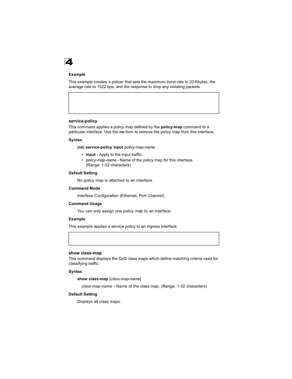 Service-policy, Show class-map, Service-policy 4-216 show class-map | Alcatel Carrier Internetworking Solutions OmniStack 6300-24 User Manual | Page 428 / 462