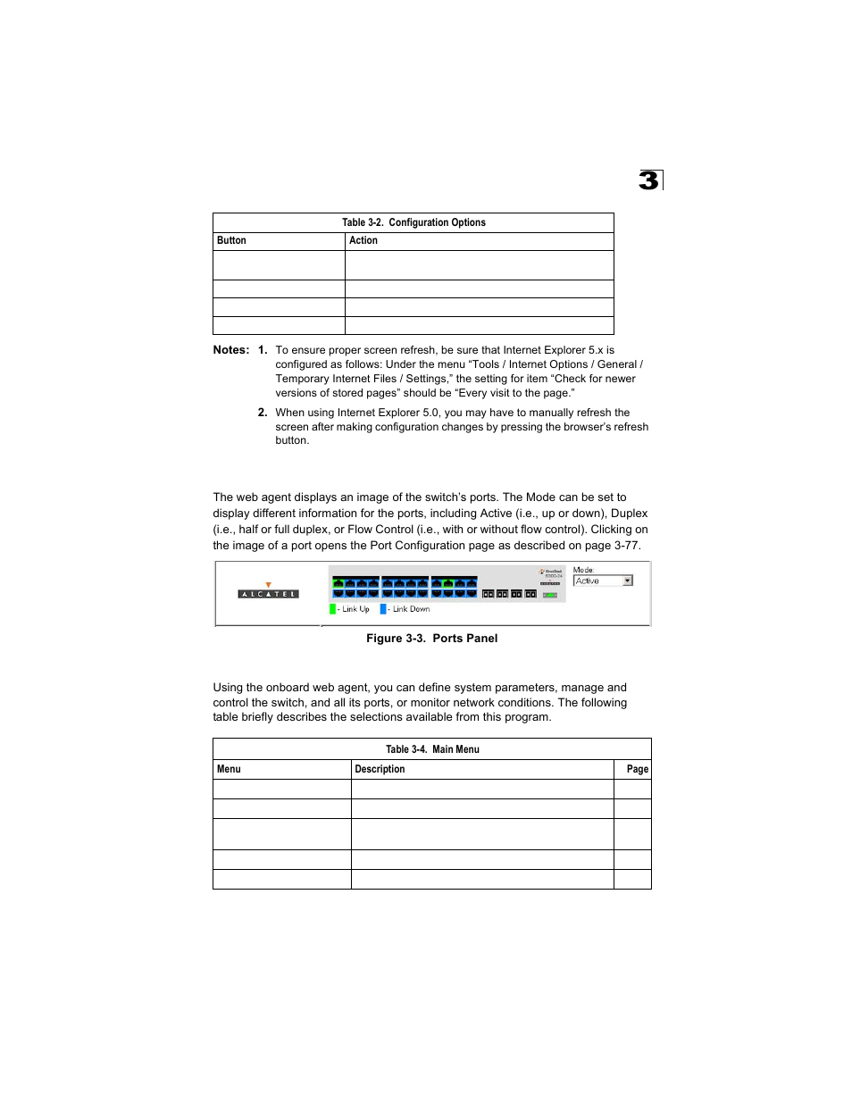 Panel display, Main menu, Table 3-4 | Table 3-2, Configuration options, Figure 3-3, Ports panel | Alcatel Carrier Internetworking Solutions OmniStack 6300-24 User Manual | Page 43 / 462