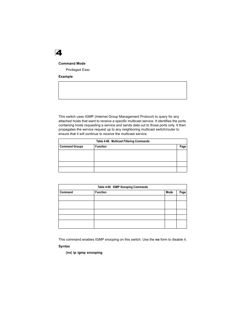 Multicast filtering commands, Igmp snooping commands, Ip igmp snooping | Table 4-68, Table 4-69 | Alcatel Carrier Internetworking Solutions OmniStack 6300-24 User Manual | Page 430 / 462