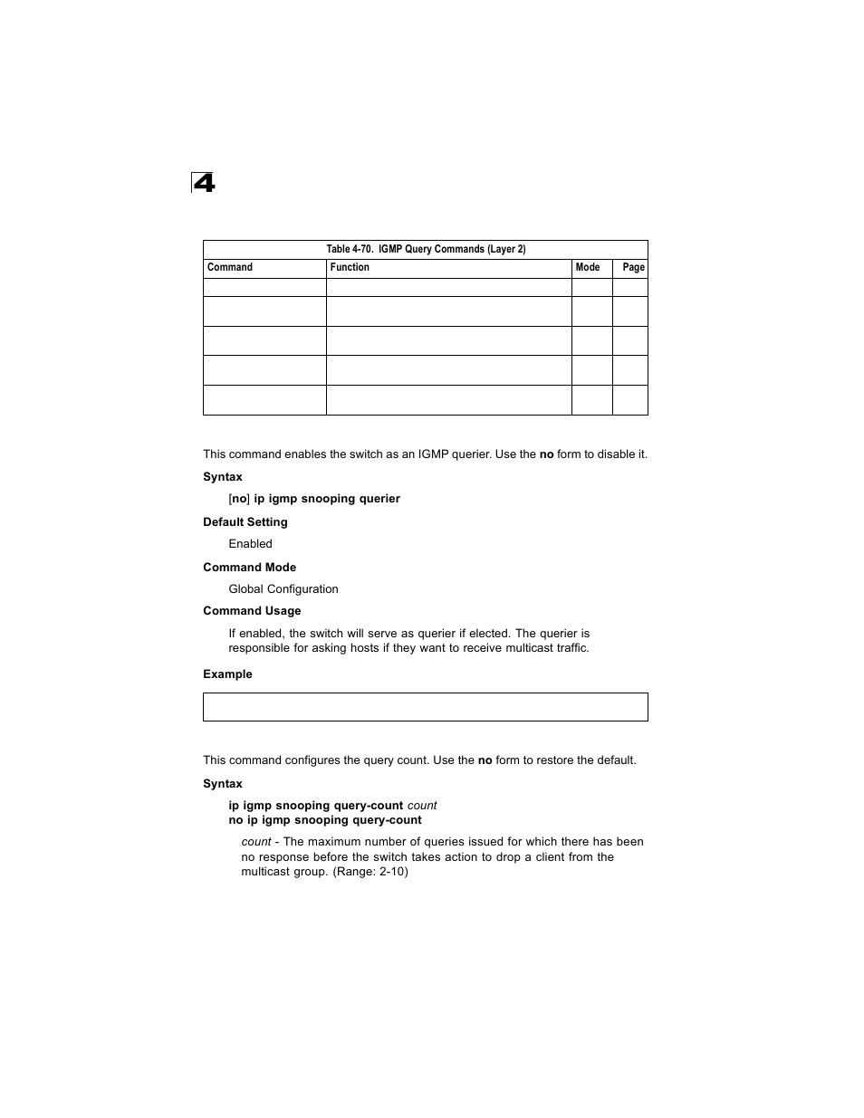 Igmp query commands (layer 2), Ip igmp snooping querier, Ip igmp snooping query-count | Table 4-70 | Alcatel Carrier Internetworking Solutions OmniStack 6300-24 User Manual | Page 434 / 462