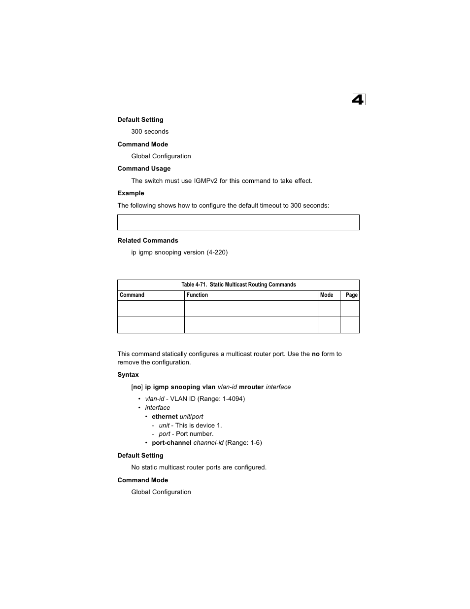 Static multicast routing commands, Ip igmp snooping vlan mrouter, Table 4-71 | Alcatel Carrier Internetworking Solutions OmniStack 6300-24 User Manual | Page 437 / 462