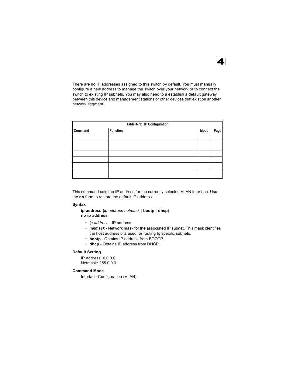 Ip interface commands, Basic ip configuration, Ip address | Table 4-72, Ip configuration | Alcatel Carrier Internetworking Solutions OmniStack 6300-24 User Manual | Page 439 / 462