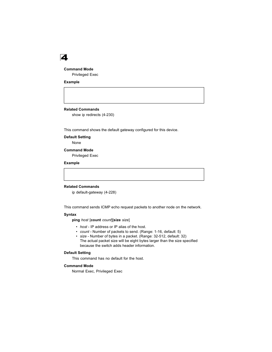 Show ip redirects, Ping, Ping 4-230 | Alcatel Carrier Internetworking Solutions OmniStack 6300-24 User Manual | Page 442 / 462