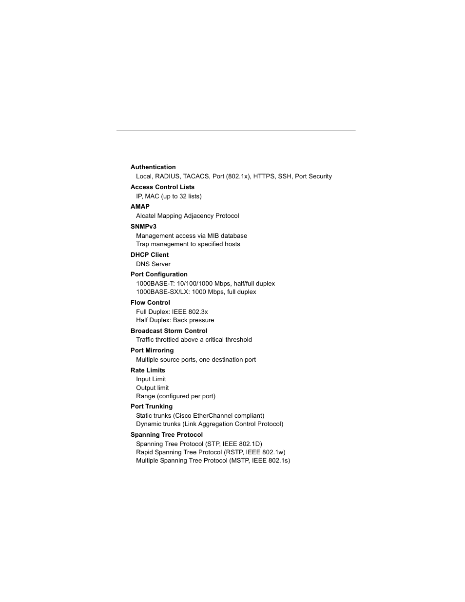 Appendix a: software specifications, Software features | Alcatel Carrier Internetworking Solutions OmniStack 6300-24 User Manual | Page 445 / 462
