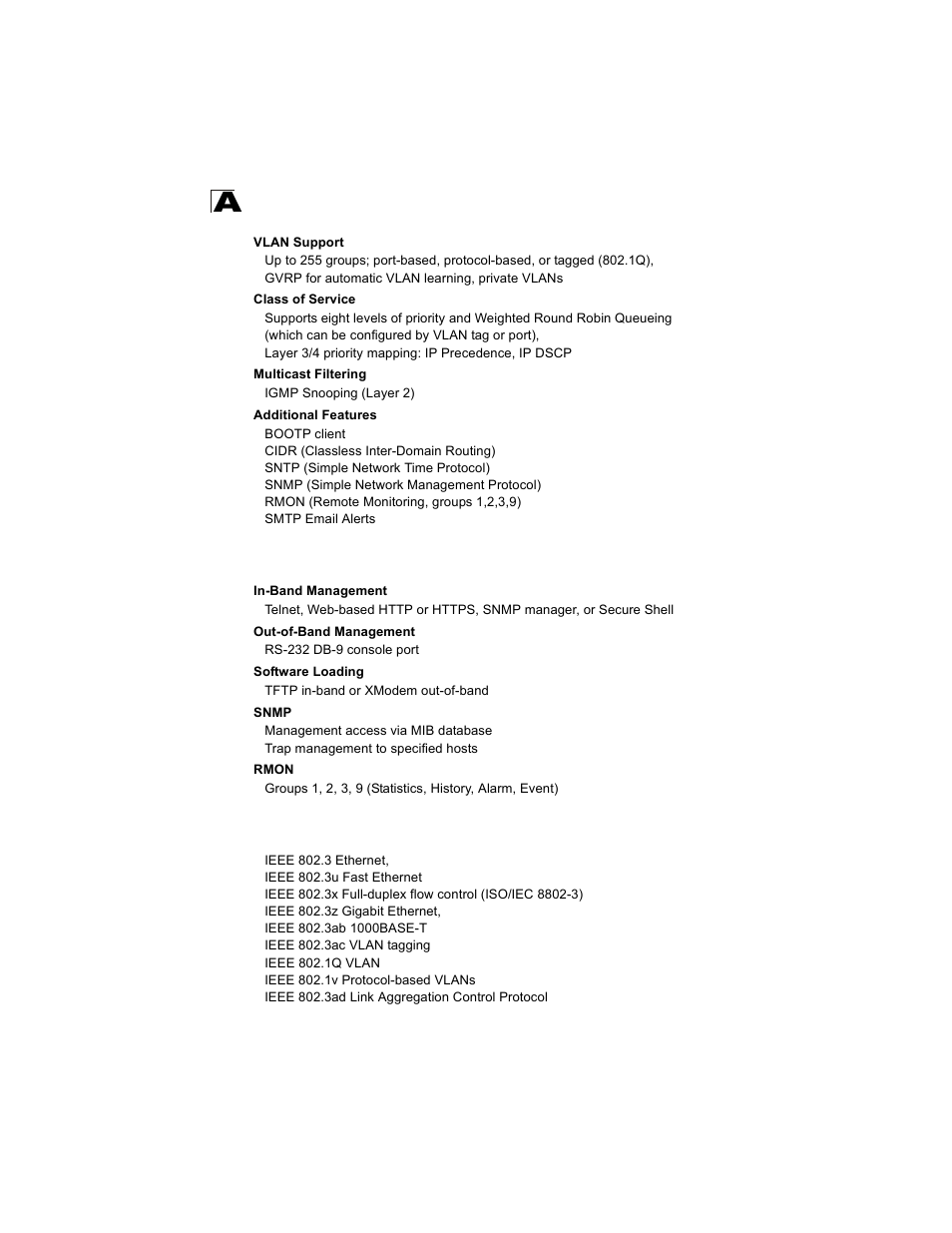 Management features, Standards, Standards a-2 | Alcatel Carrier Internetworking Solutions OmniStack 6300-24 User Manual | Page 446 / 462