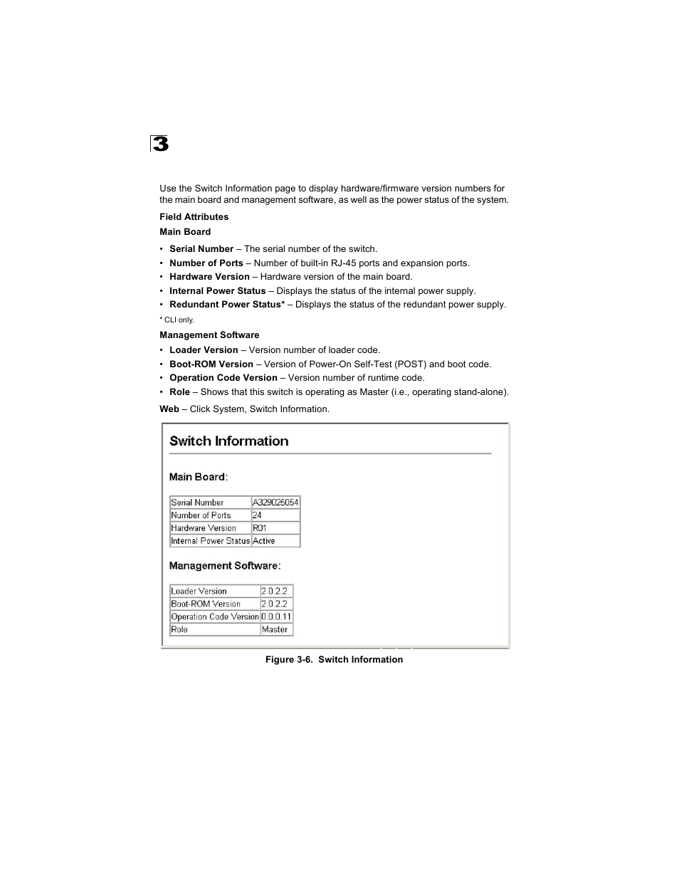 Displaying switch hardware/software versions, Figure 3-6, Switch information | Alcatel Carrier Internetworking Solutions OmniStack 6300-24 User Manual | Page 50 / 462