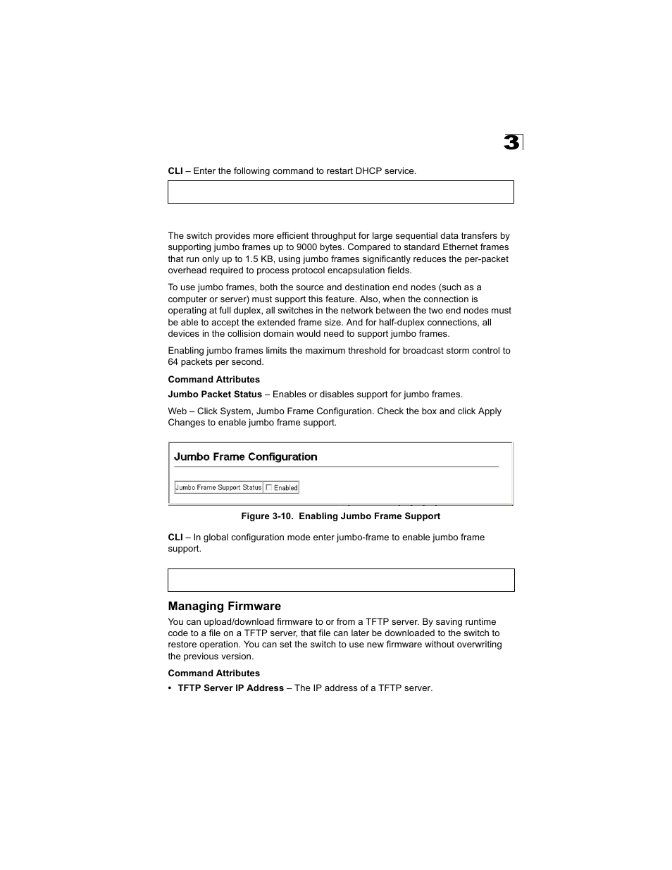 Enabling jumbo frames, Managing firmware, Figure 3-10. enabling jumbo frame support | Alcatel Carrier Internetworking Solutions OmniStack 6300-24 User Manual | Page 55 / 462