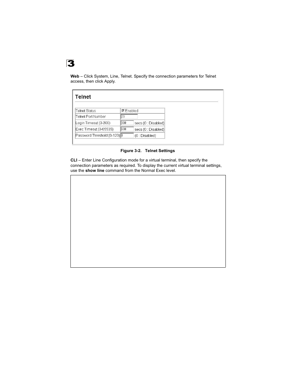 Figure 3-2, Telnet settings | Alcatel Carrier Internetworking Solutions OmniStack 6300-24 User Manual | Page 62 / 462