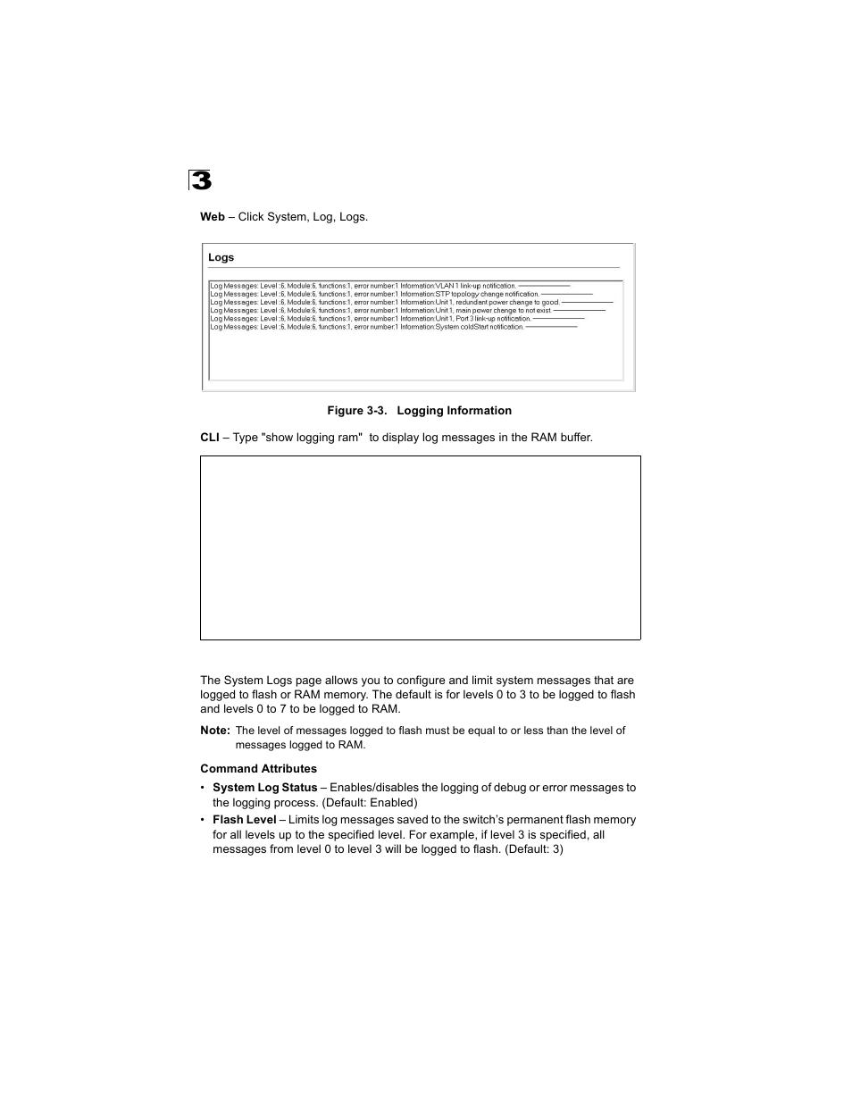 System logs configuration, Figure 3-3, Logging information | Alcatel Carrier Internetworking Solutions OmniStack 6300-24 User Manual | Page 64 / 462