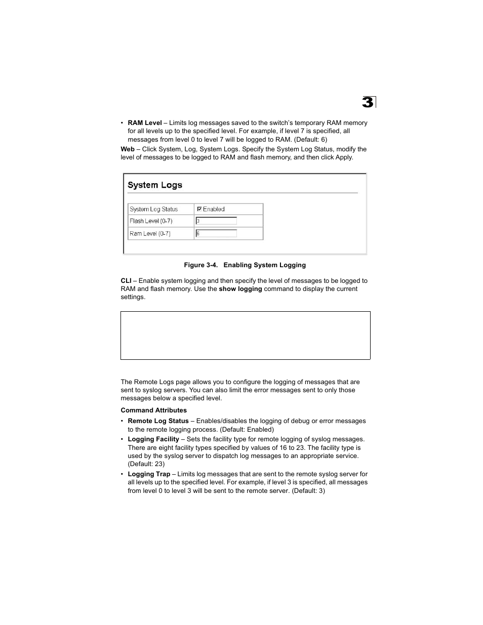 Remote logs configuration, Figure 3-4, Enabling system logging | Alcatel Carrier Internetworking Solutions OmniStack 6300-24 User Manual | Page 65 / 462