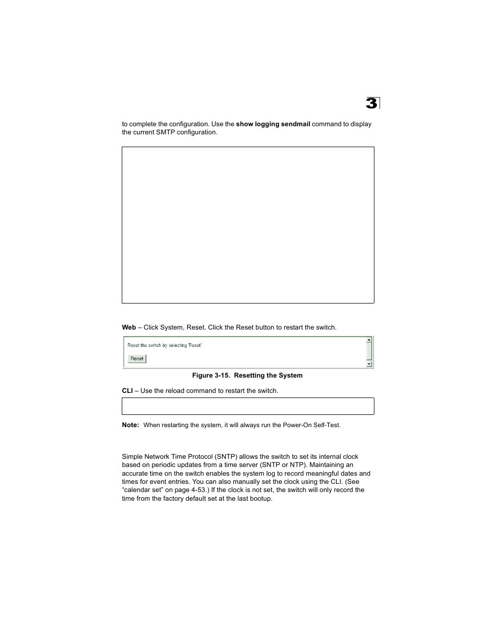 Resetting the system, Setting the system clock, Figure 3-15. resetting the system | Alcatel Carrier Internetworking Solutions OmniStack 6300-24 User Manual | Page 69 / 462