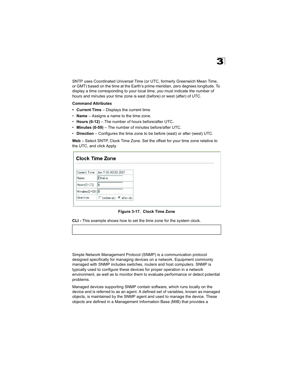 Setting the time zone, Simple network management protocol, Figure 3-17. clock time zone | Alcatel Carrier Internetworking Solutions OmniStack 6300-24 User Manual | Page 71 / 462