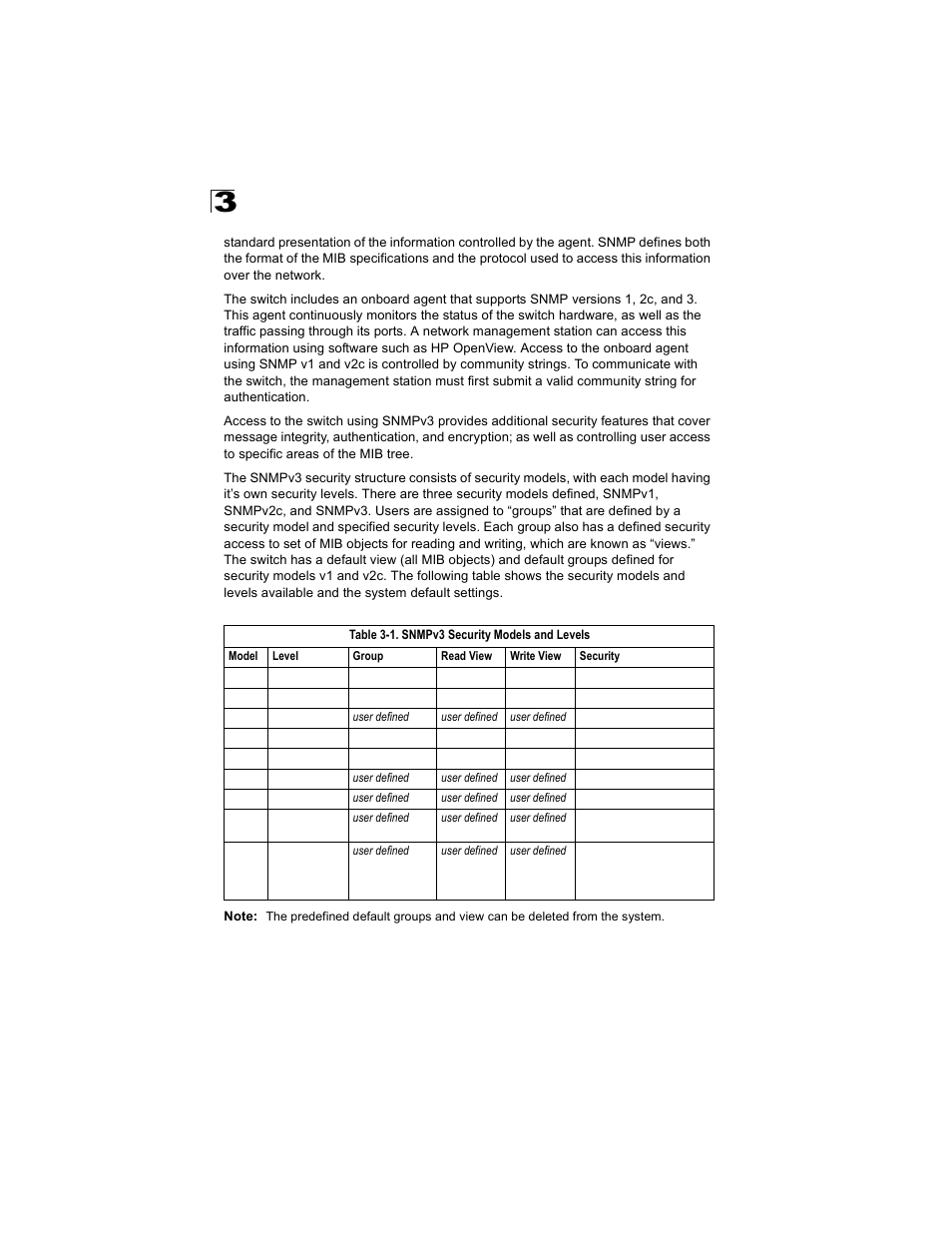 Table 3-1, Snmpv3 security models and levels | Alcatel Carrier Internetworking Solutions OmniStack 6300-24 User Manual | Page 72 / 462