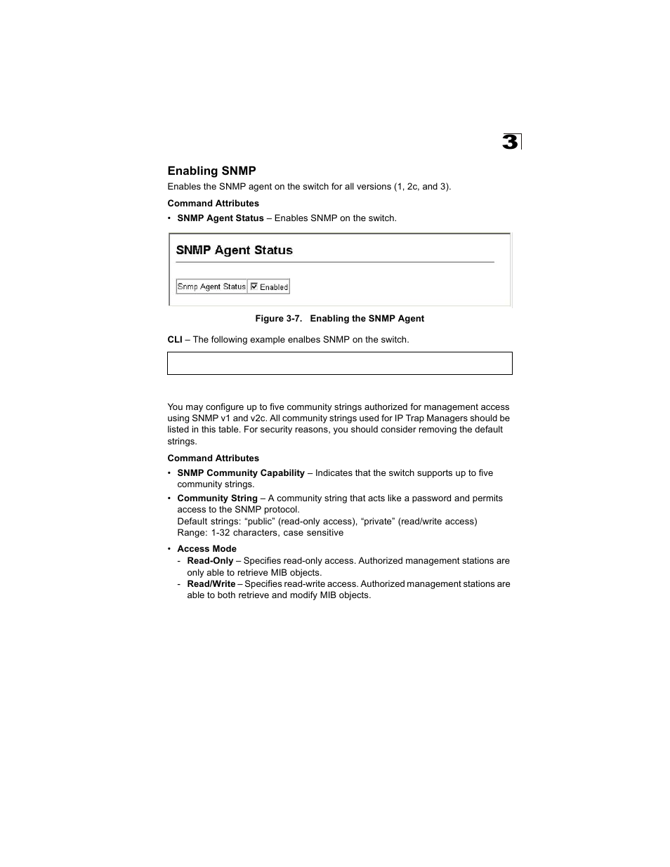 Enabling snmp, Setting community access strings, Figure 3-7 | Enabling the snmp agent | Alcatel Carrier Internetworking Solutions OmniStack 6300-24 User Manual | Page 73 / 462