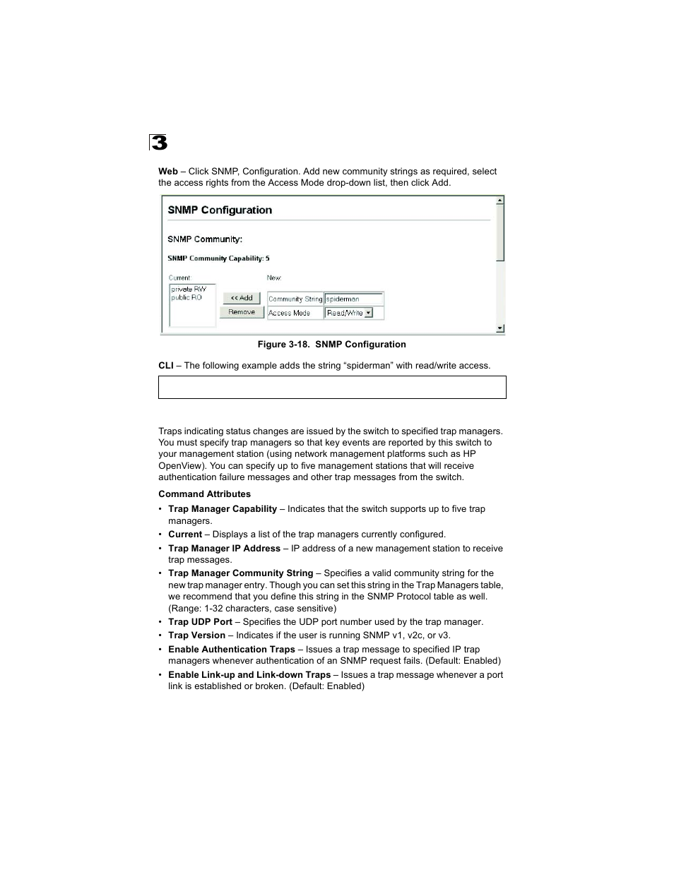 Specifying trap managers and trap types, Figure 3-18. snmp configuration | Alcatel Carrier Internetworking Solutions OmniStack 6300-24 User Manual | Page 74 / 462