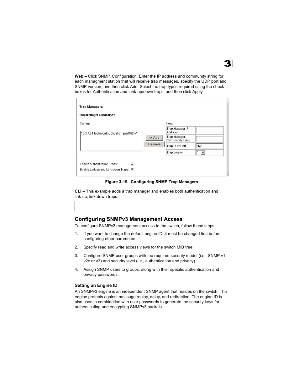 Configuring snmpv3 management access, Setting an engine id, Figure 3-19. configuring snmp trap managers | Alcatel Carrier Internetworking Solutions OmniStack 6300-24 User Manual | Page 75 / 462