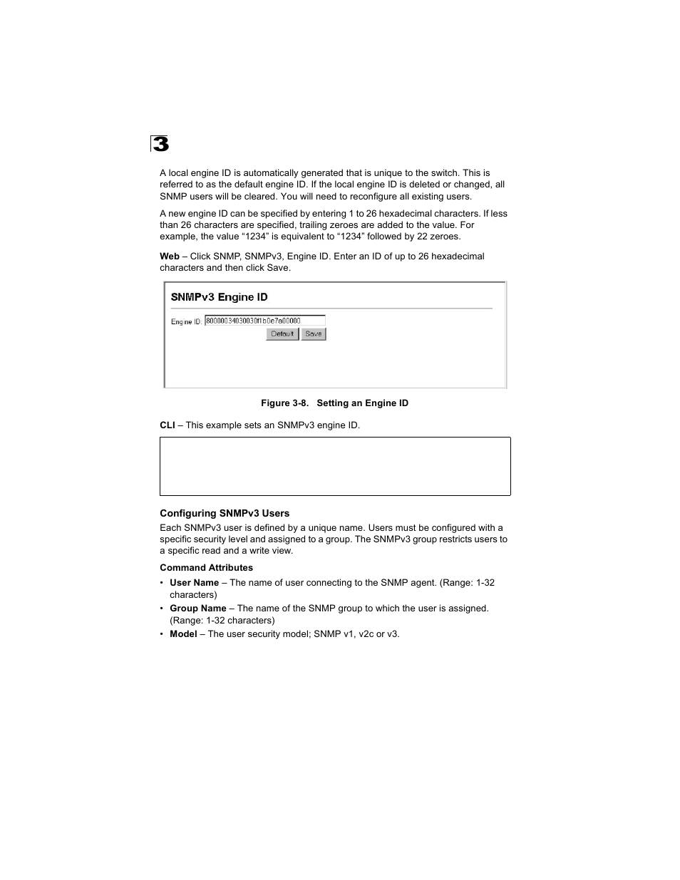 Configuring snmpv3 users, Figure 3-8, Setting an engine id | Alcatel Carrier Internetworking Solutions OmniStack 6300-24 User Manual | Page 76 / 462
