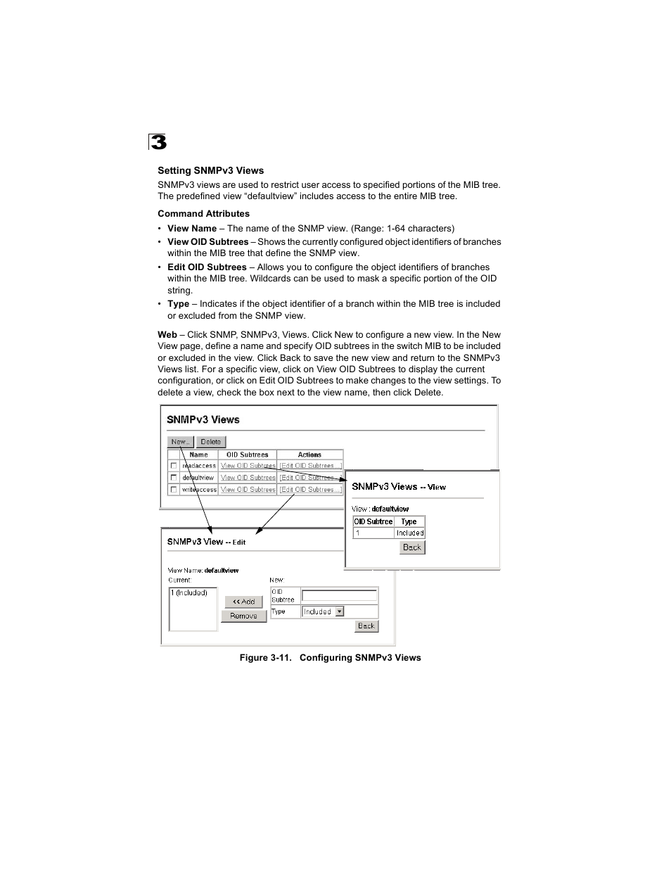 Setting snmpv3 views, Figure 3-11. configuring snmpv3 views | Alcatel Carrier Internetworking Solutions OmniStack 6300-24 User Manual | Page 80 / 462