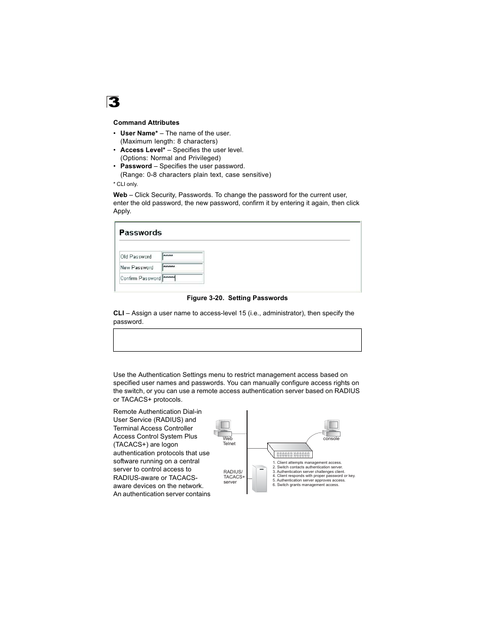 Configuring local/remote logon authentication, Figure 3-20. setting passwords | Alcatel Carrier Internetworking Solutions OmniStack 6300-24 User Manual | Page 82 / 462