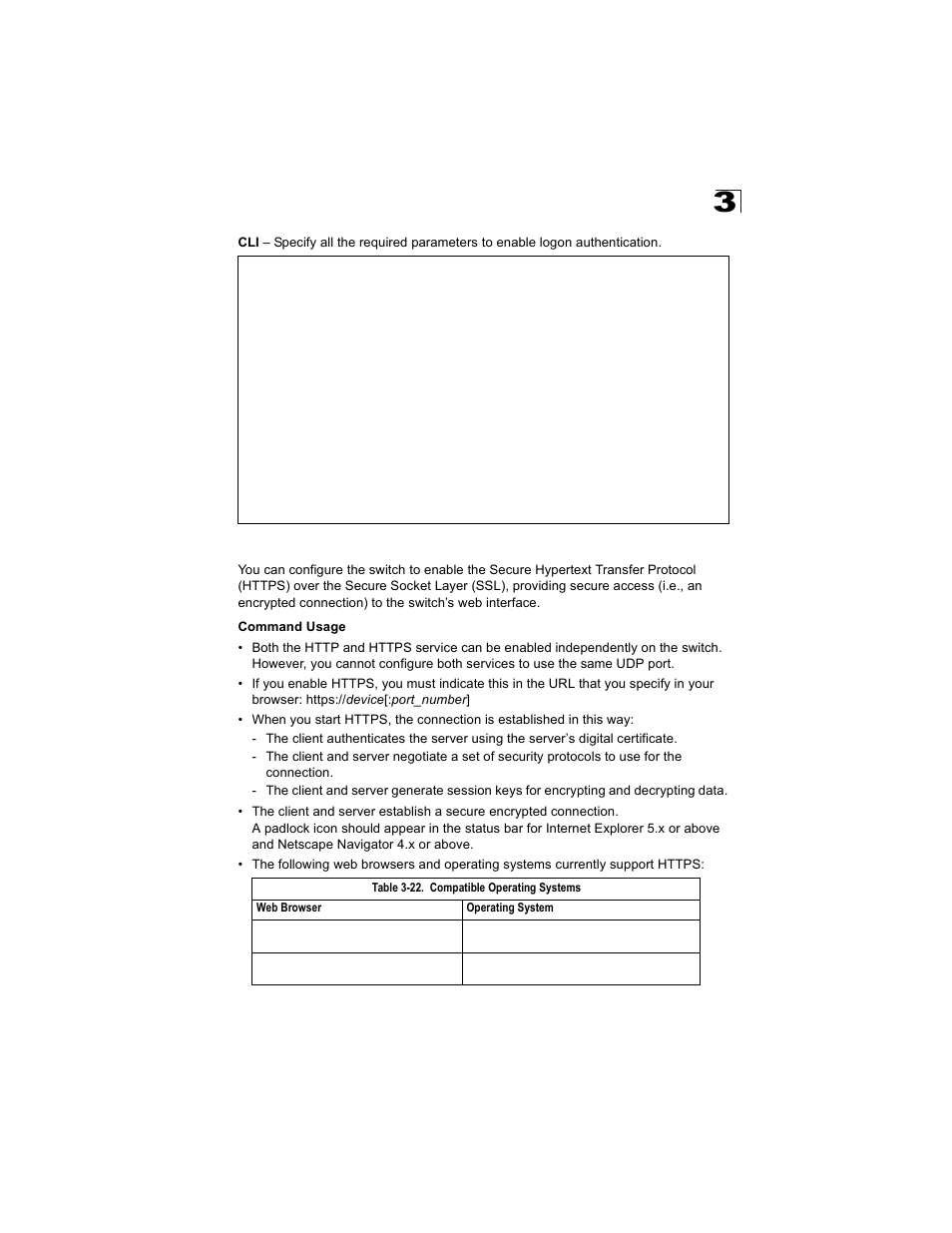 Configuring https, Table 3-22, Compatible operating systems | Alcatel Carrier Internetworking Solutions OmniStack 6300-24 User Manual | Page 85 / 462