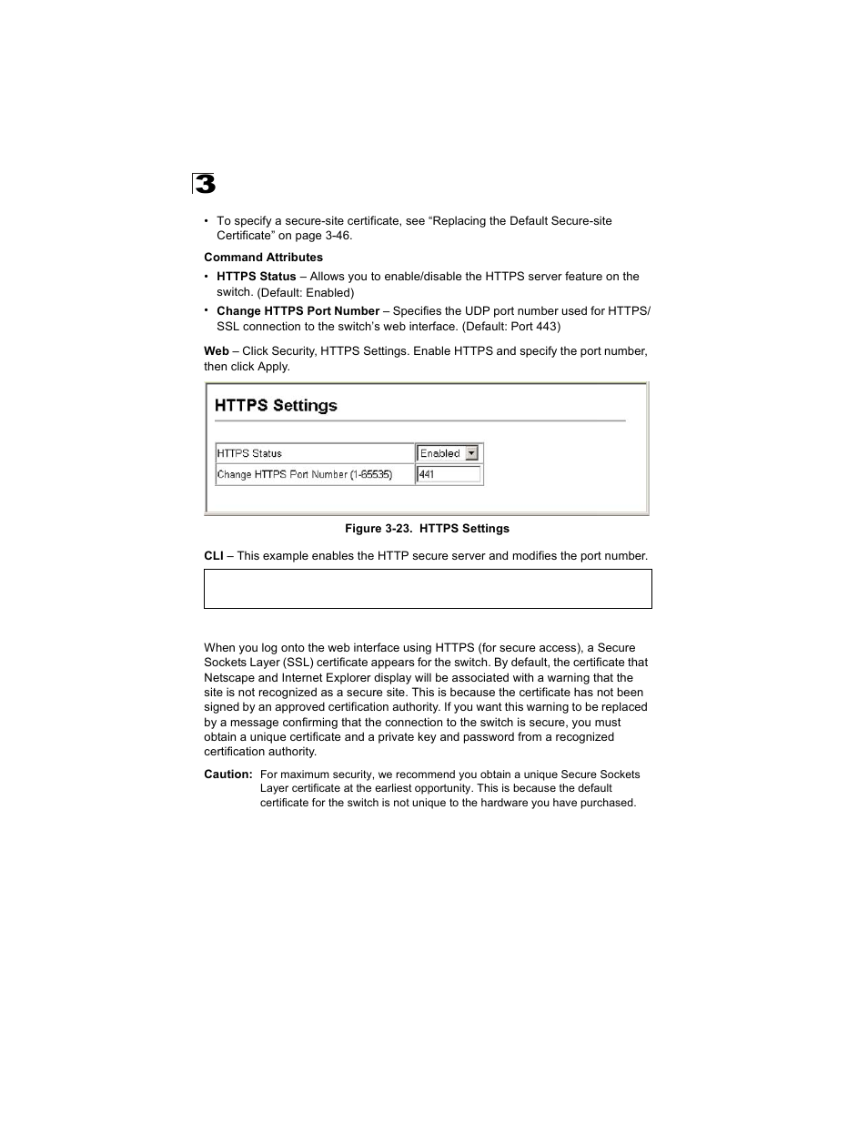 Replacing the default secure-site certificate, Figure 3-23. https settings | Alcatel Carrier Internetworking Solutions OmniStack 6300-24 User Manual | Page 86 / 462