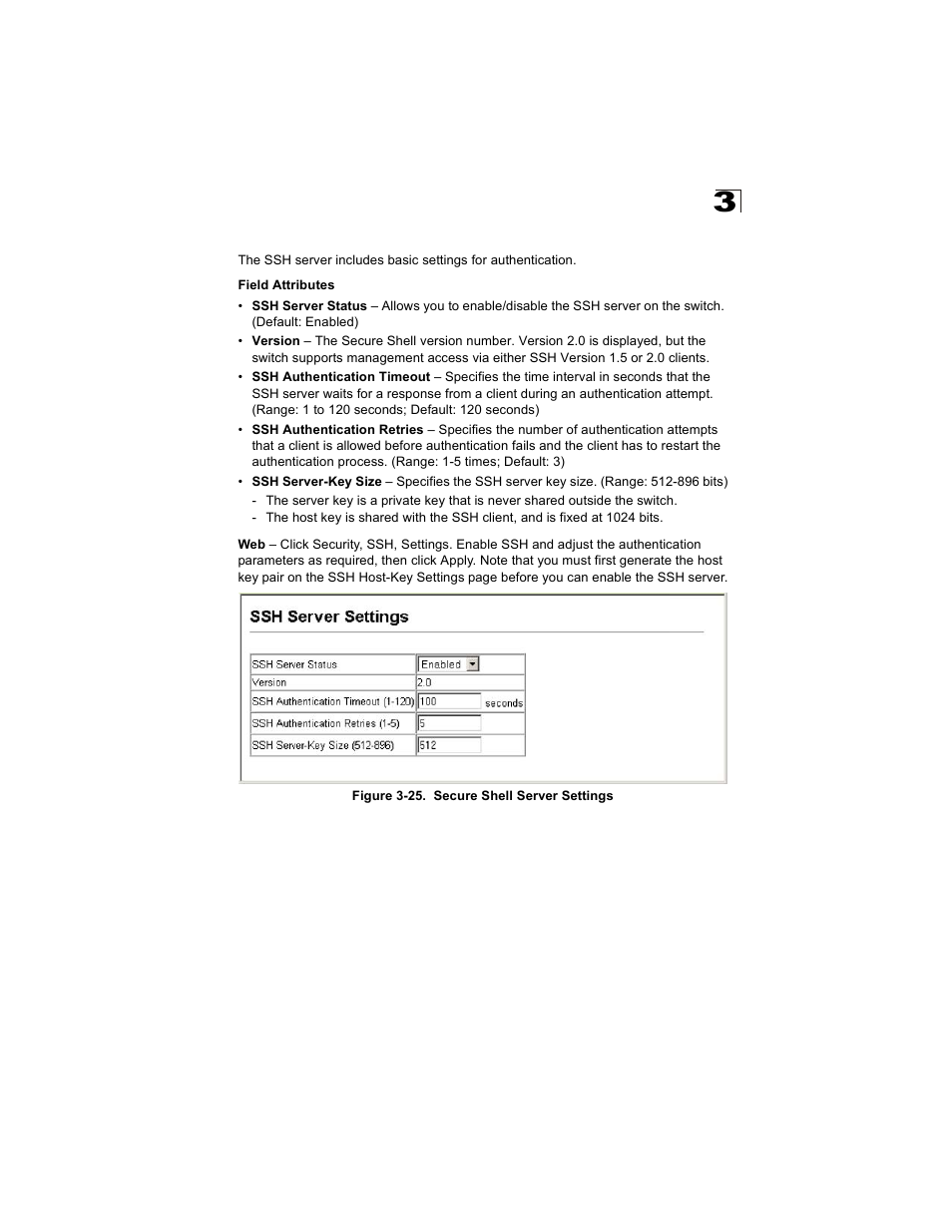 Configuring the ssh server, Figure 3-25. secure shell server settings | Alcatel Carrier Internetworking Solutions OmniStack 6300-24 User Manual | Page 91 / 462