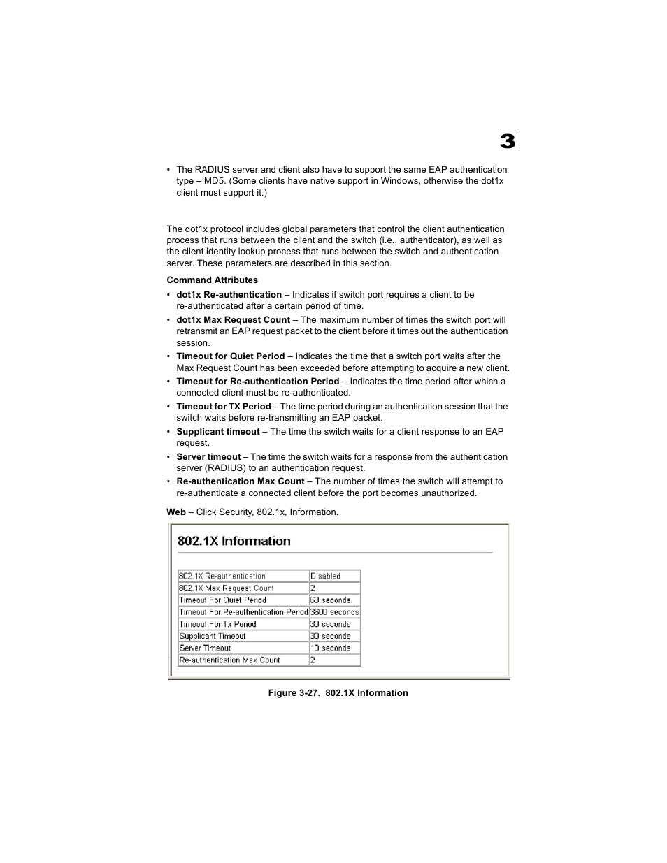 Displaying 802.1x global settings, Figure 3-27. 802.1x information | Alcatel Carrier Internetworking Solutions OmniStack 6300-24 User Manual | Page 95 / 462