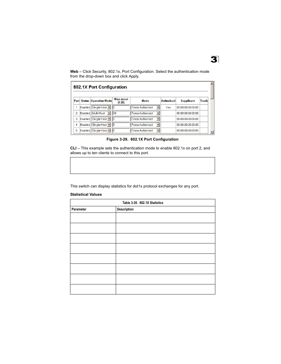 Displaying 802.1x statistics, Table 3-30, 1x statistics | Figure 3-29. 802.1x port configuration | Alcatel Carrier Internetworking Solutions OmniStack 6300-24 User Manual | Page 99 / 462