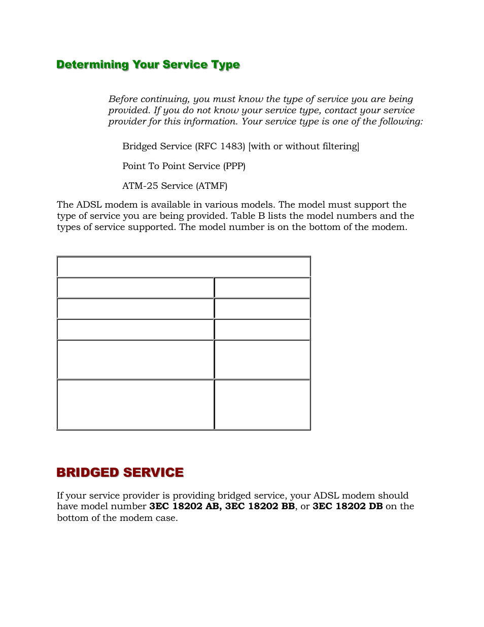 Determining your service type, Bridged service | Alcatel Carrier Internetworking Solutions 1000 ADSL User Manual | Page 10 / 78