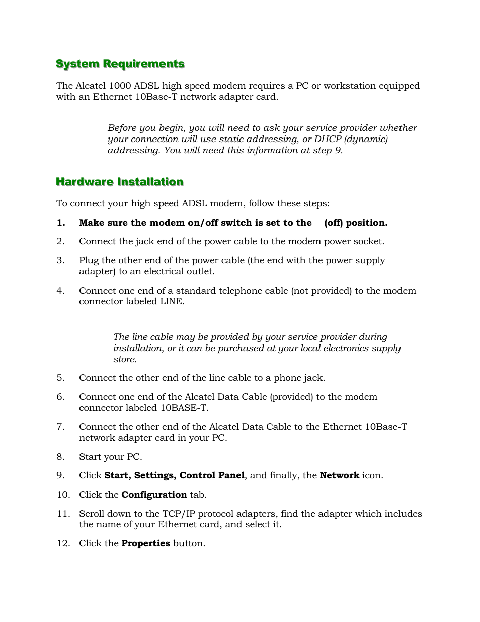 System requirements, Hardware installation | Alcatel Carrier Internetworking Solutions 1000 ADSL User Manual | Page 11 / 78