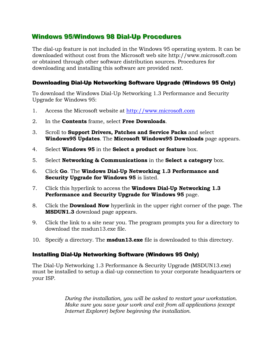 Windows 95/98 dial-up procedures, Windows 95/windows 98 dial-up procedures | Alcatel Carrier Internetworking Solutions 1000 ADSL User Manual | Page 15 / 78