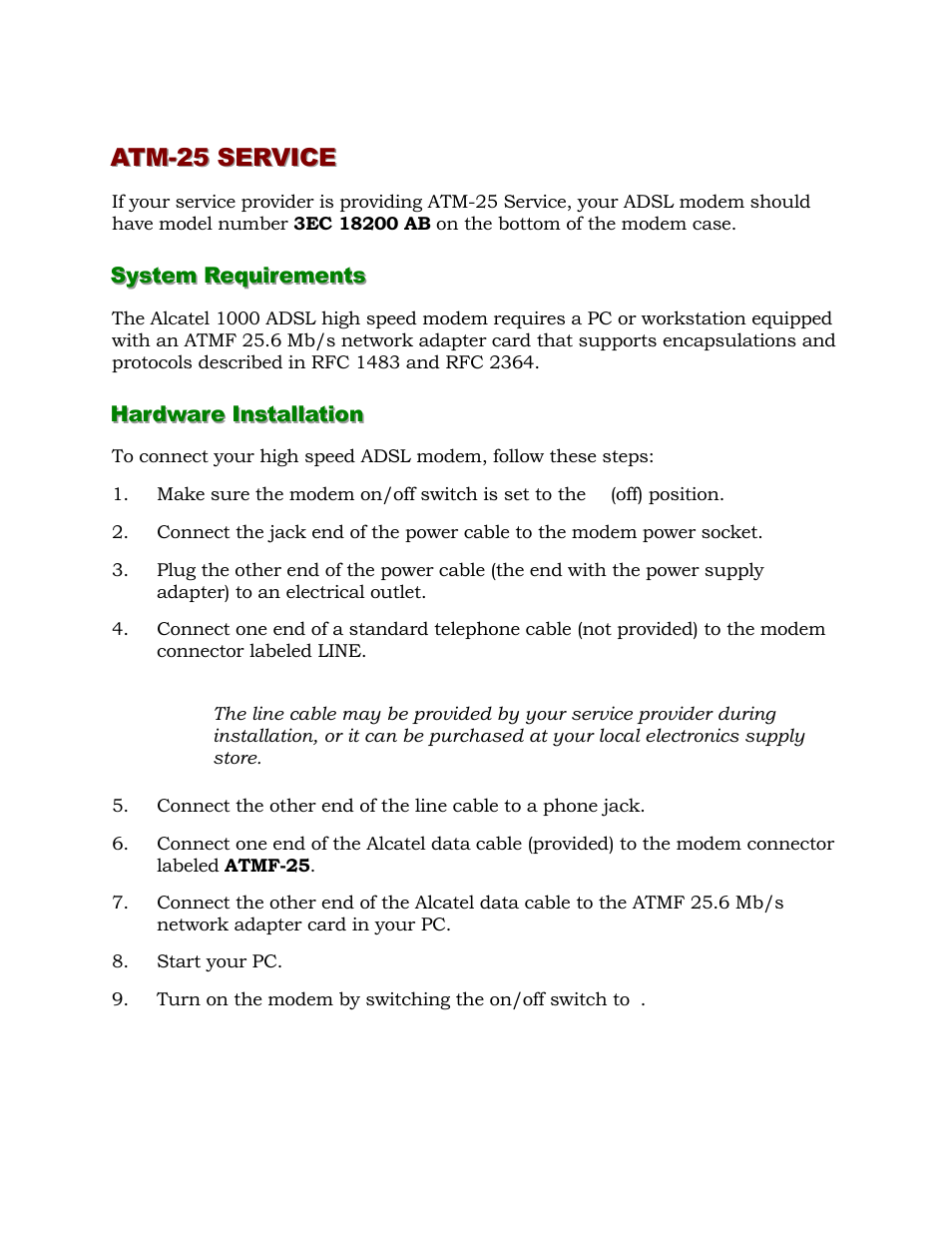 Atm-25 service, System requirements, Hardware installation | Alcatel Carrier Internetworking Solutions 1000 ADSL User Manual | Page 30 / 78