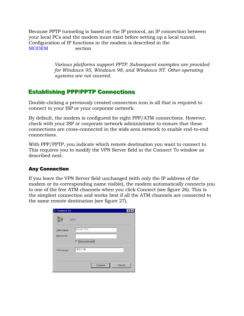 Establishing ppp/pptp connections | Alcatel Carrier Internetworking Solutions 1000 ADSL User Manual | Page 49 / 78