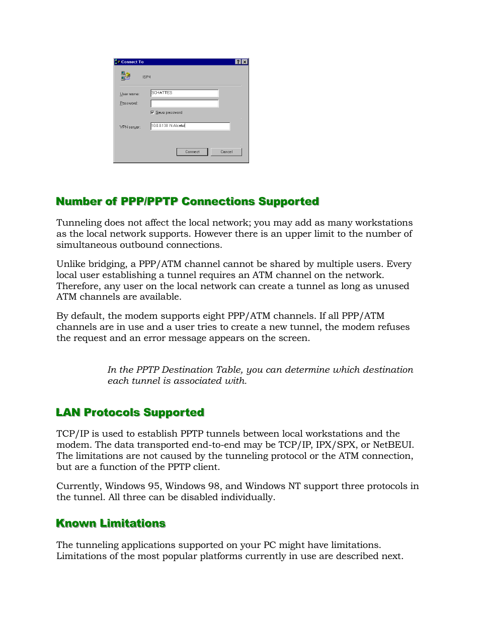 Number of ppp/pptp connections supported, Lan protocols supported, Known limitations | Alcatel Carrier Internetworking Solutions 1000 ADSL User Manual | Page 52 / 78