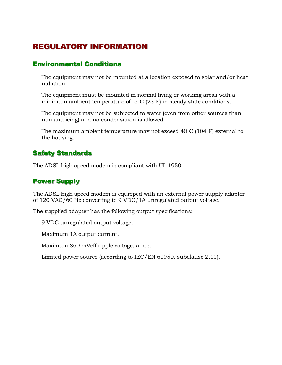 Regulatory information, Environmental conditions, Safety standards | Power supply | Alcatel Carrier Internetworking Solutions 1000 ADSL User Manual | Page 73 / 78