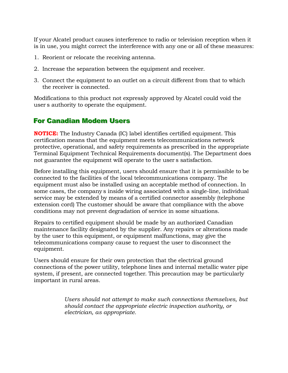 For canadian modem users | Alcatel Carrier Internetworking Solutions 1000 ADSL User Manual | Page 75 / 78