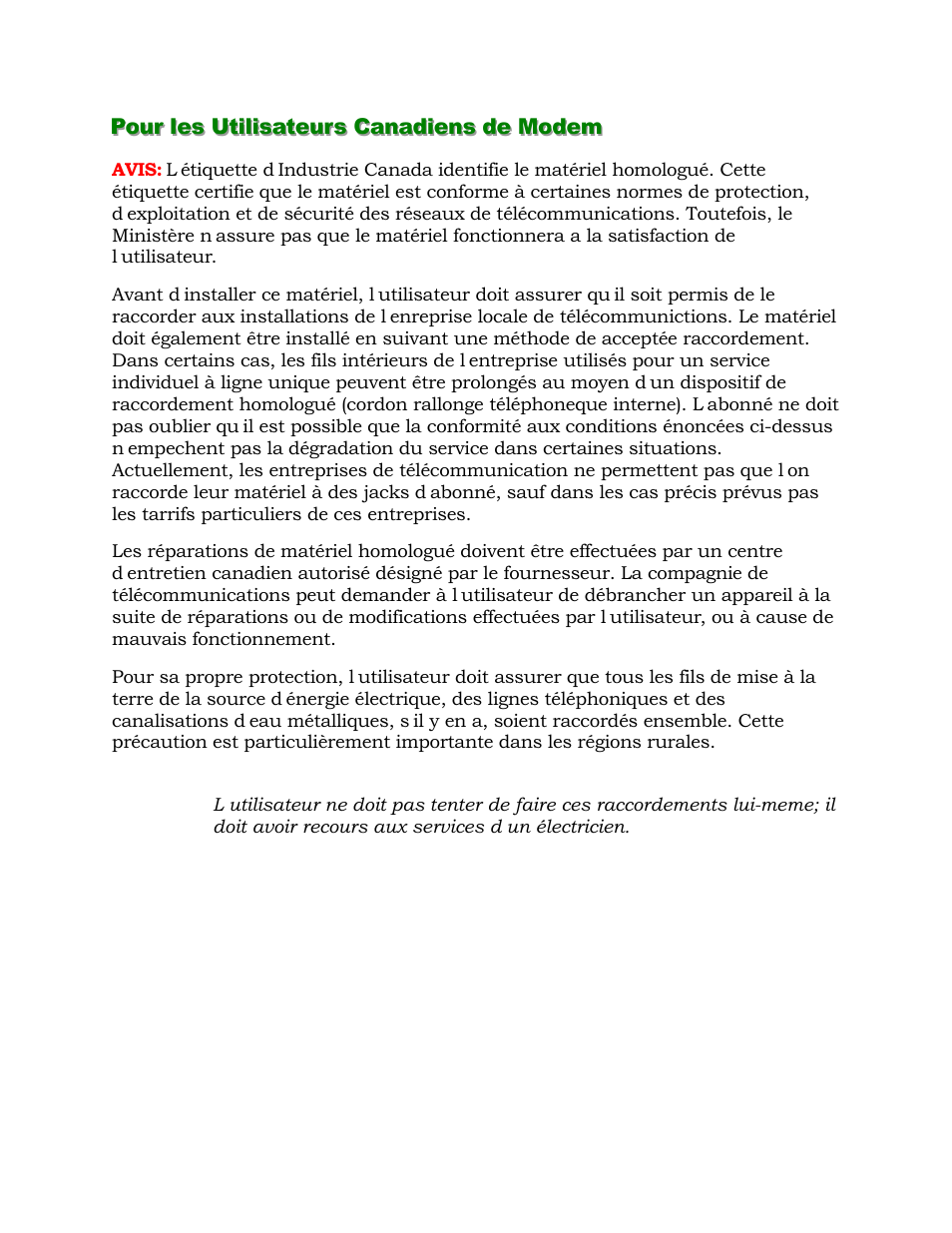 Pour les utilisateurs canadiens de modem | Alcatel Carrier Internetworking Solutions 1000 ADSL User Manual | Page 76 / 78