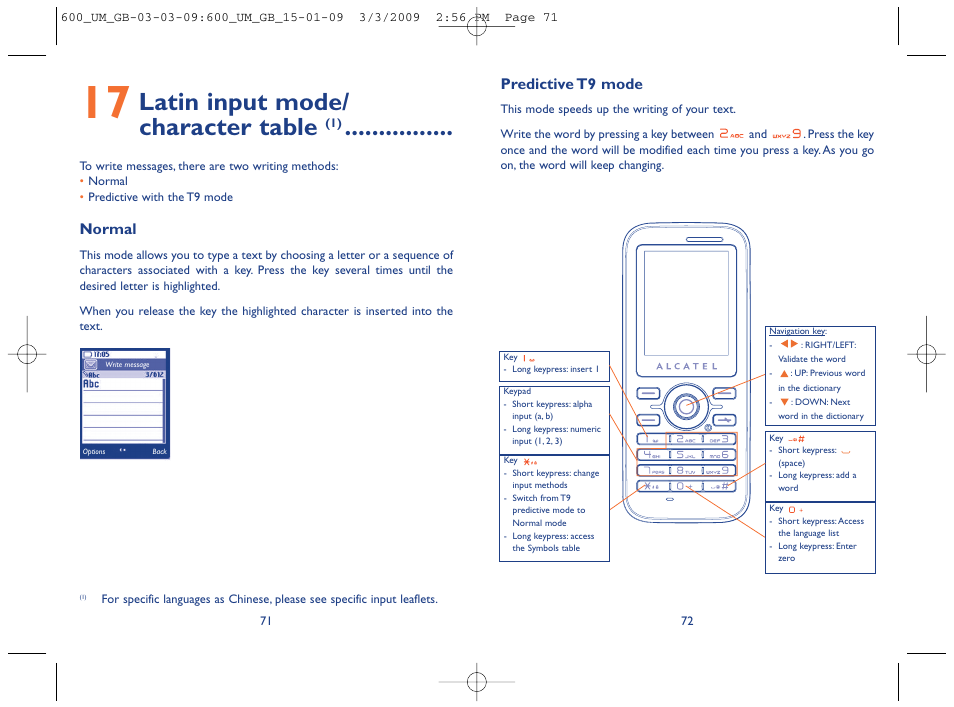 Latin input mode/ character table, Predictive t9 mode, Normal | Alcatel Carrier Internetworking Solutions OT-600 User Manual | Page 37 / 42