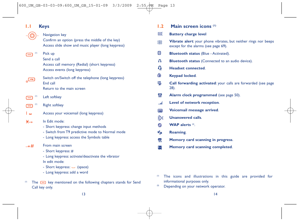 2 main screen icons, 1 keys | Alcatel Carrier Internetworking Solutions OT-600 User Manual | Page 8 / 42