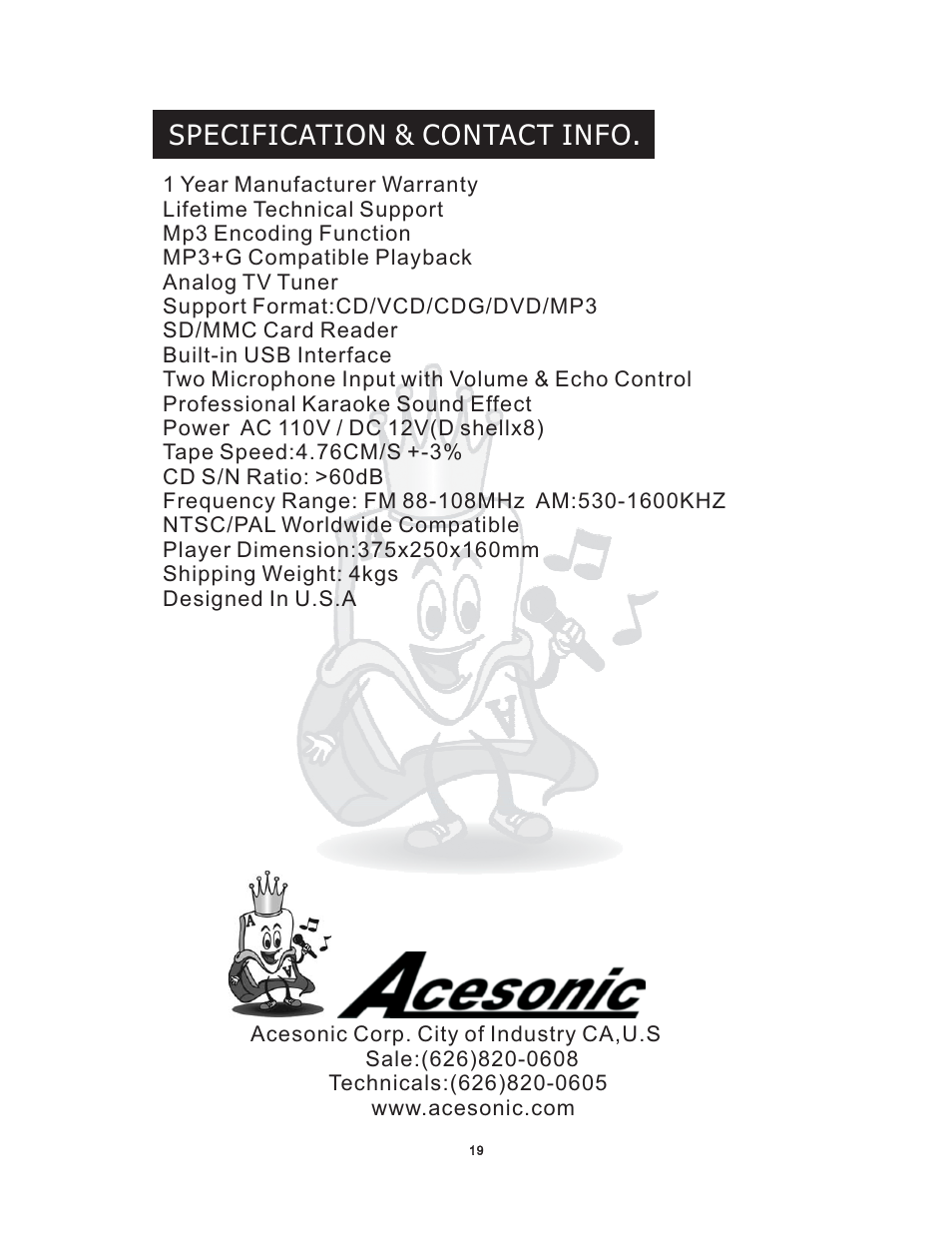Specification & contact info | Acesonic WILDCAT PK 1130 User Manual | Page 19 / 21