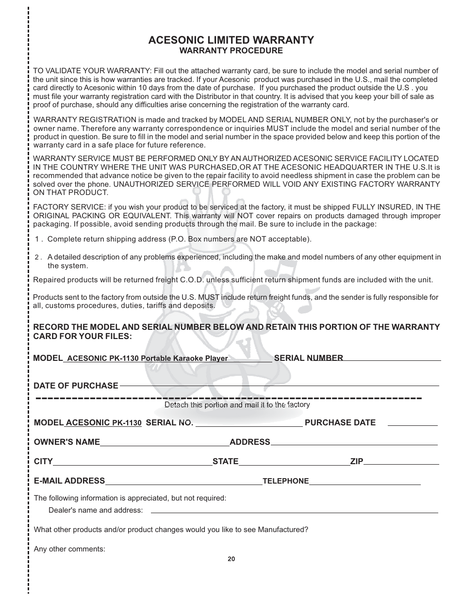 Acesonic limited warranty | Acesonic WILDCAT PK 1130 User Manual | Page 20 / 21