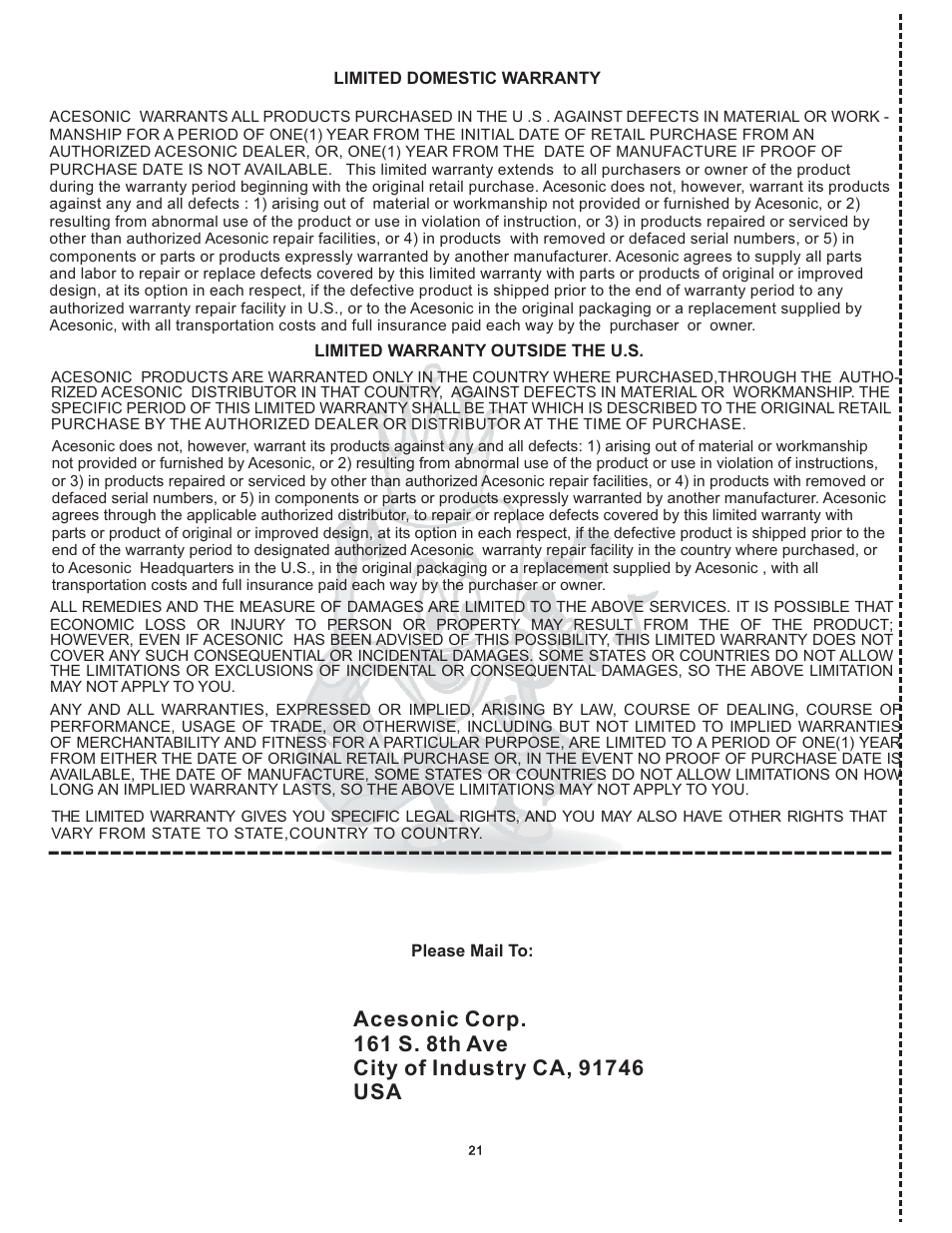 Acesonic WILDCAT PK 1130 User Manual | Page 21 / 21